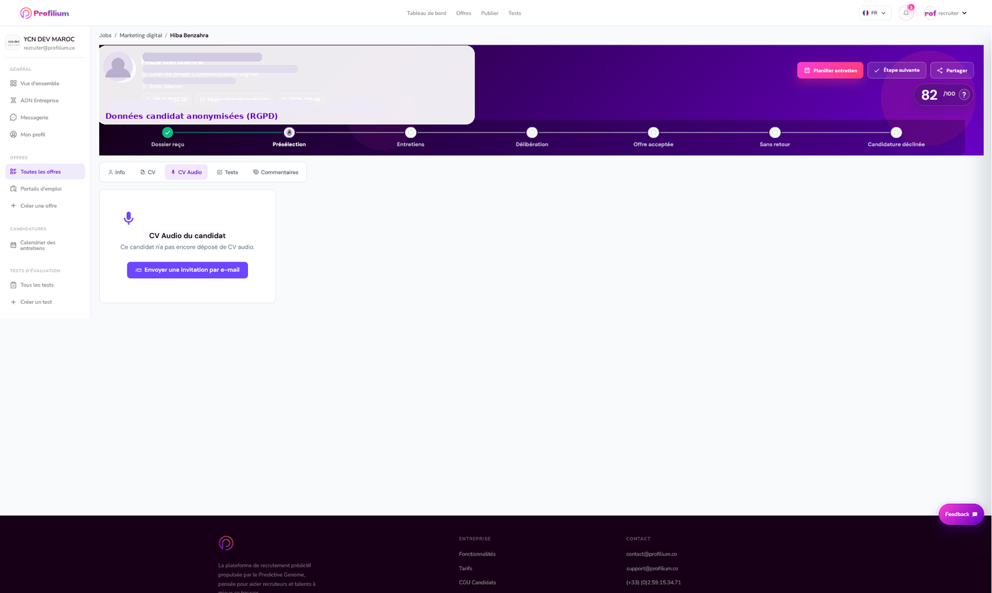 Interface réelle Profilium — Candidature, onglet CV Audio