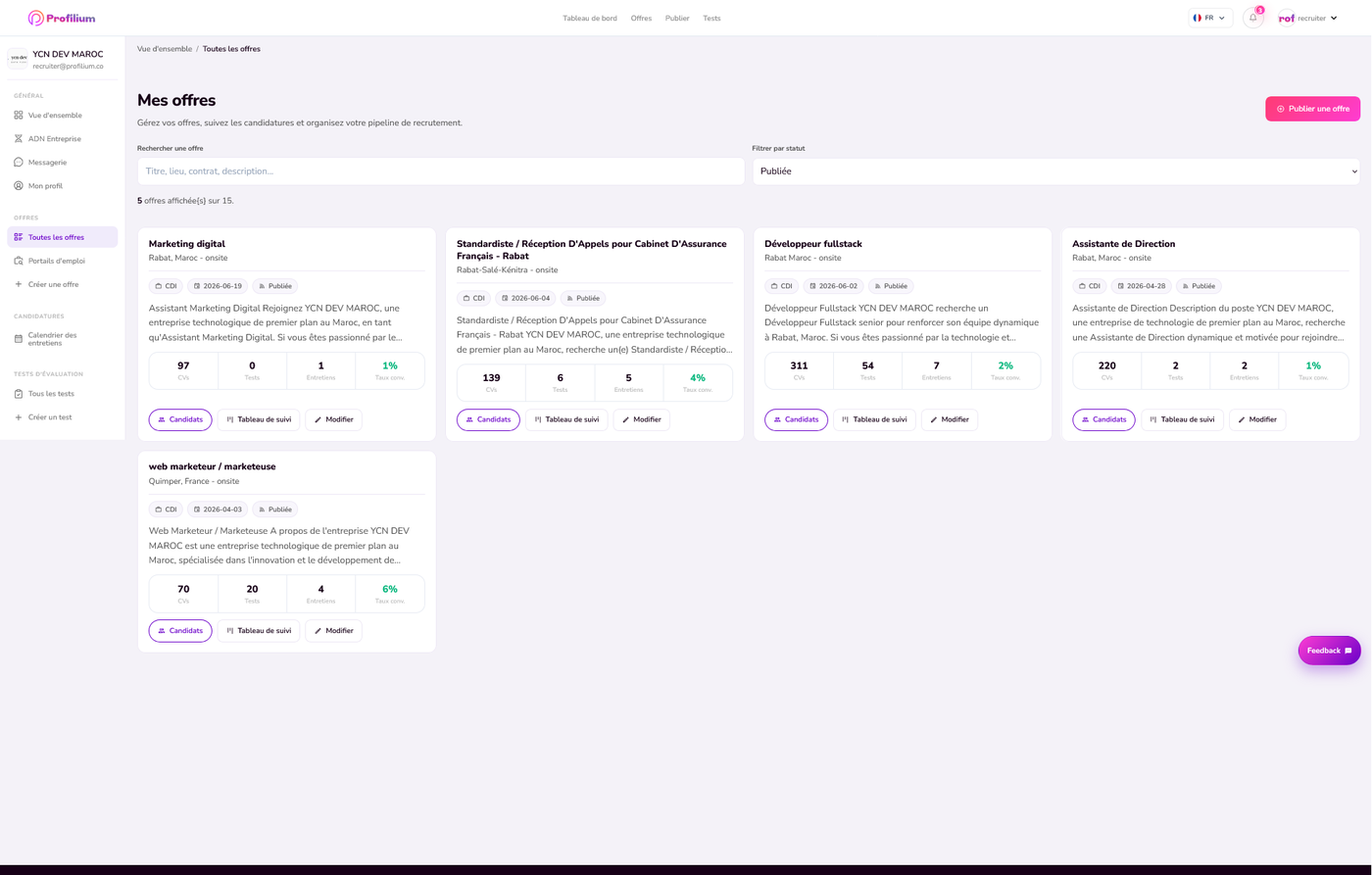 Interface réelle Profilium — Mes Offres