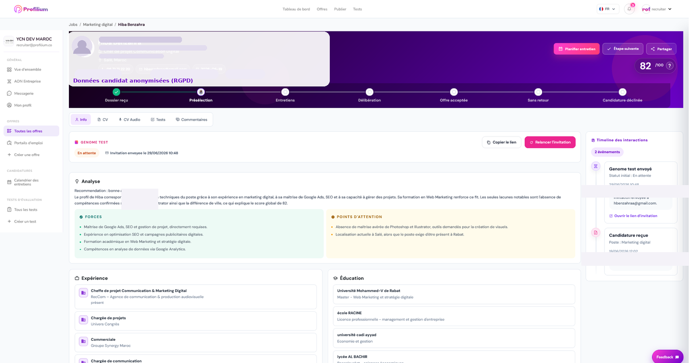Interface réelle Profilium — fiche candidat, score d'adéquation